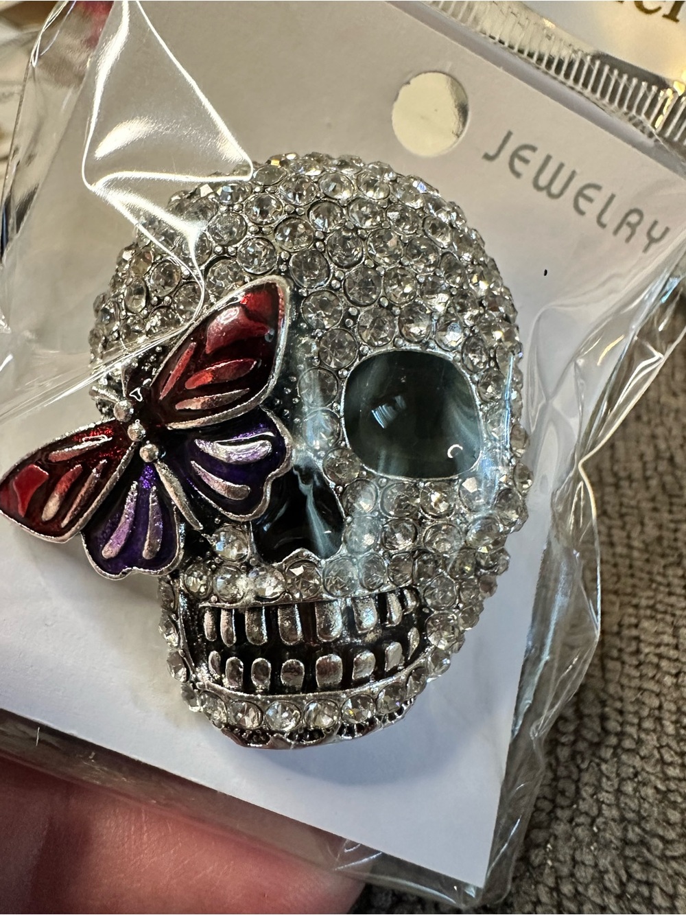 Rhinestone Skull Brooch with Red and Purple Butterfly Accent